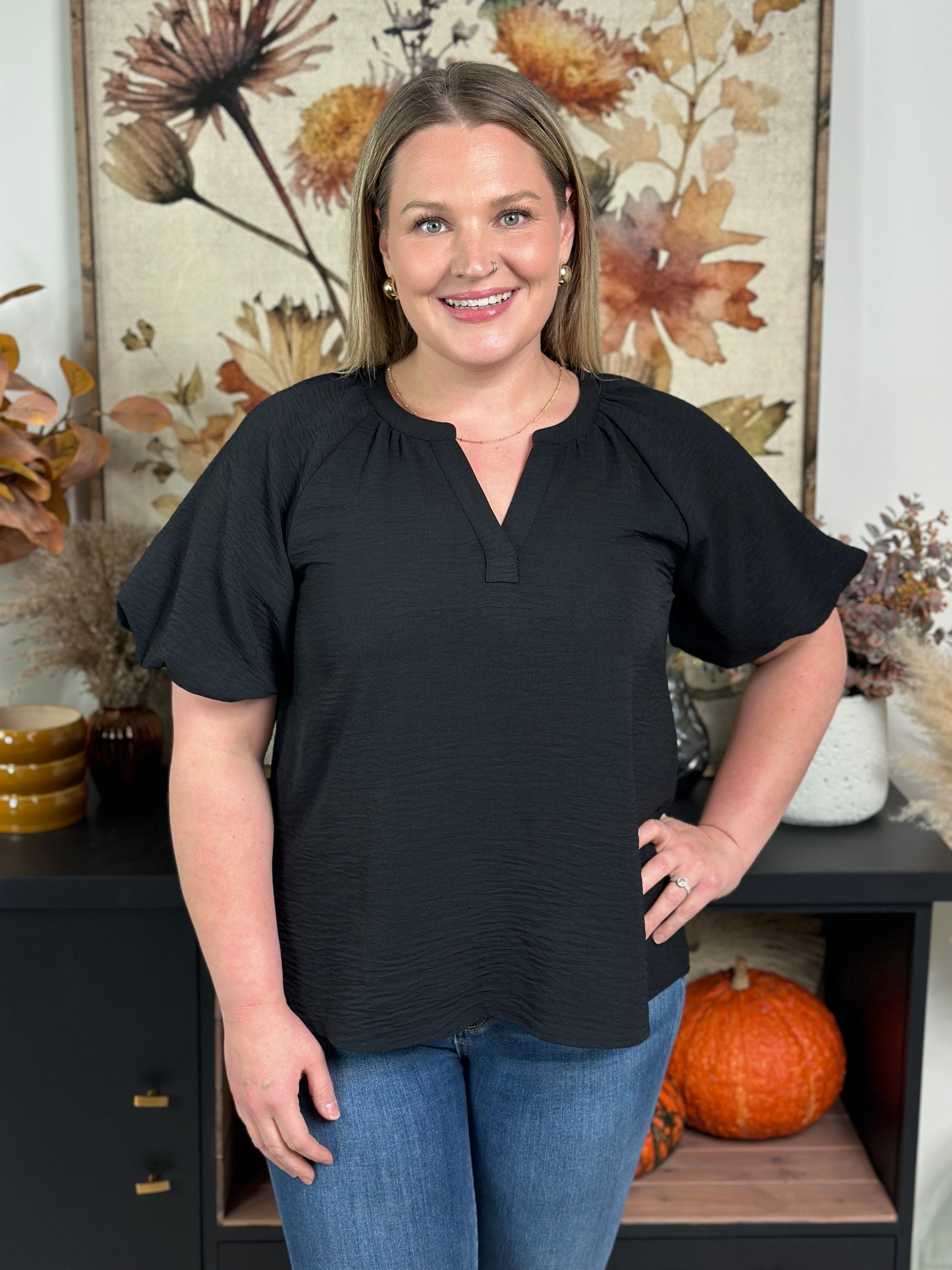 Black Vneck Top with Puff Sleeve