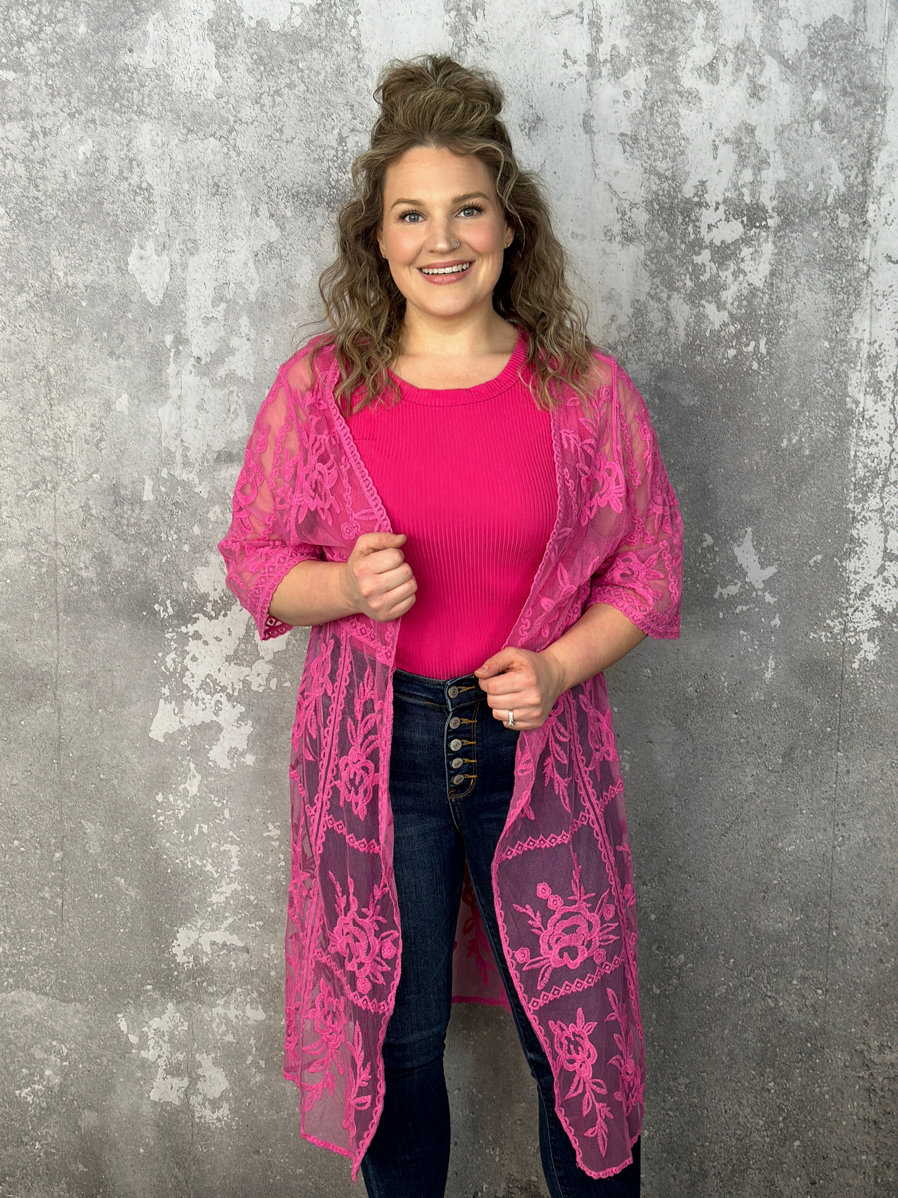 Pink lace sales kimono cardigan