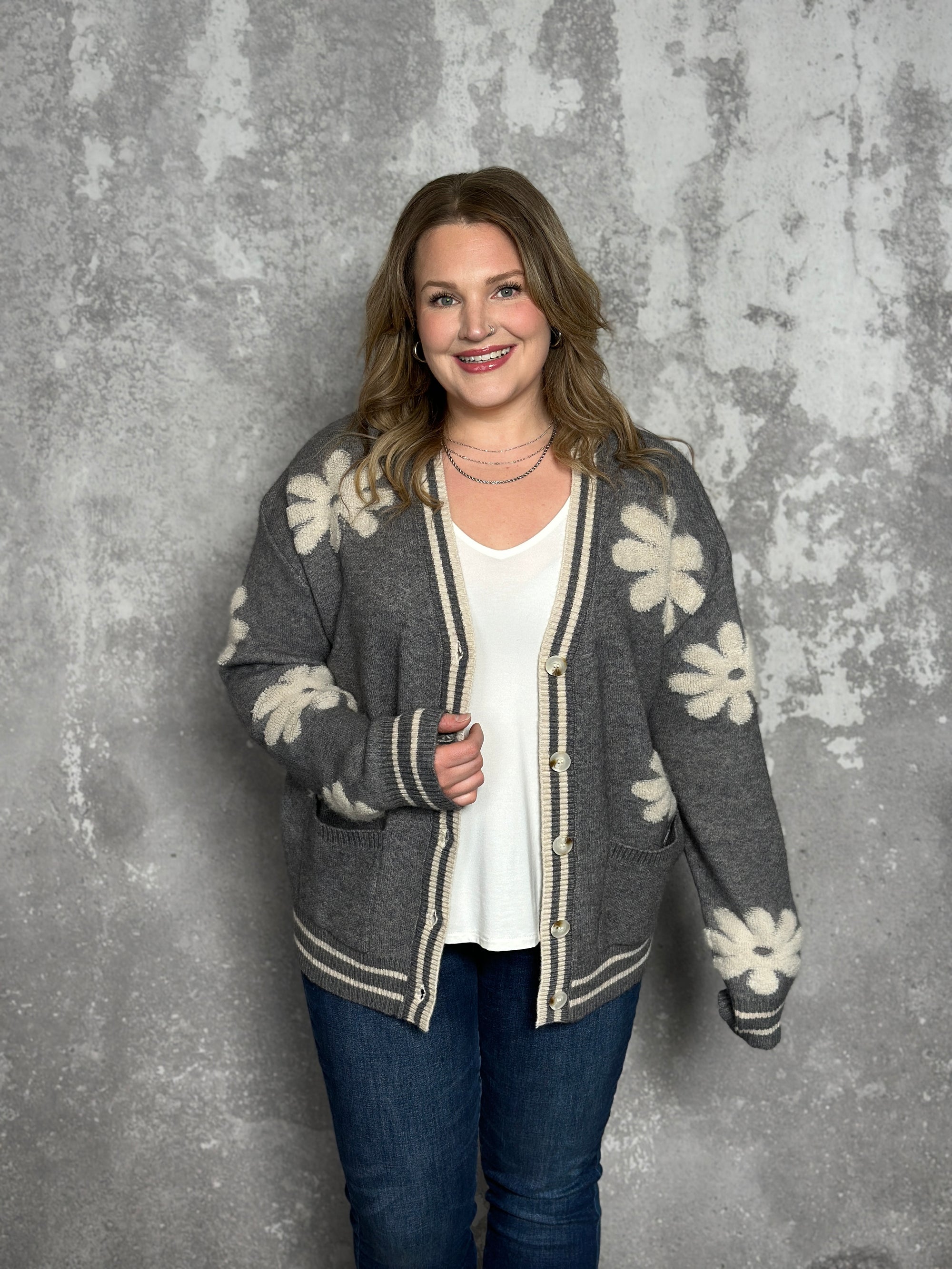 Grey Flower Power Sweater/Cardigan