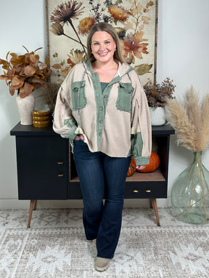 Sage and Waffle Shacket with Tassel Drawstring