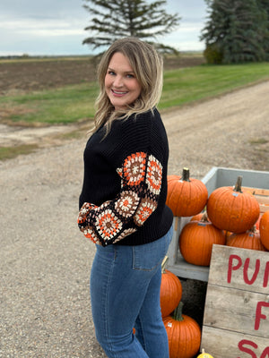 Crochet Sleeve Black Sweater