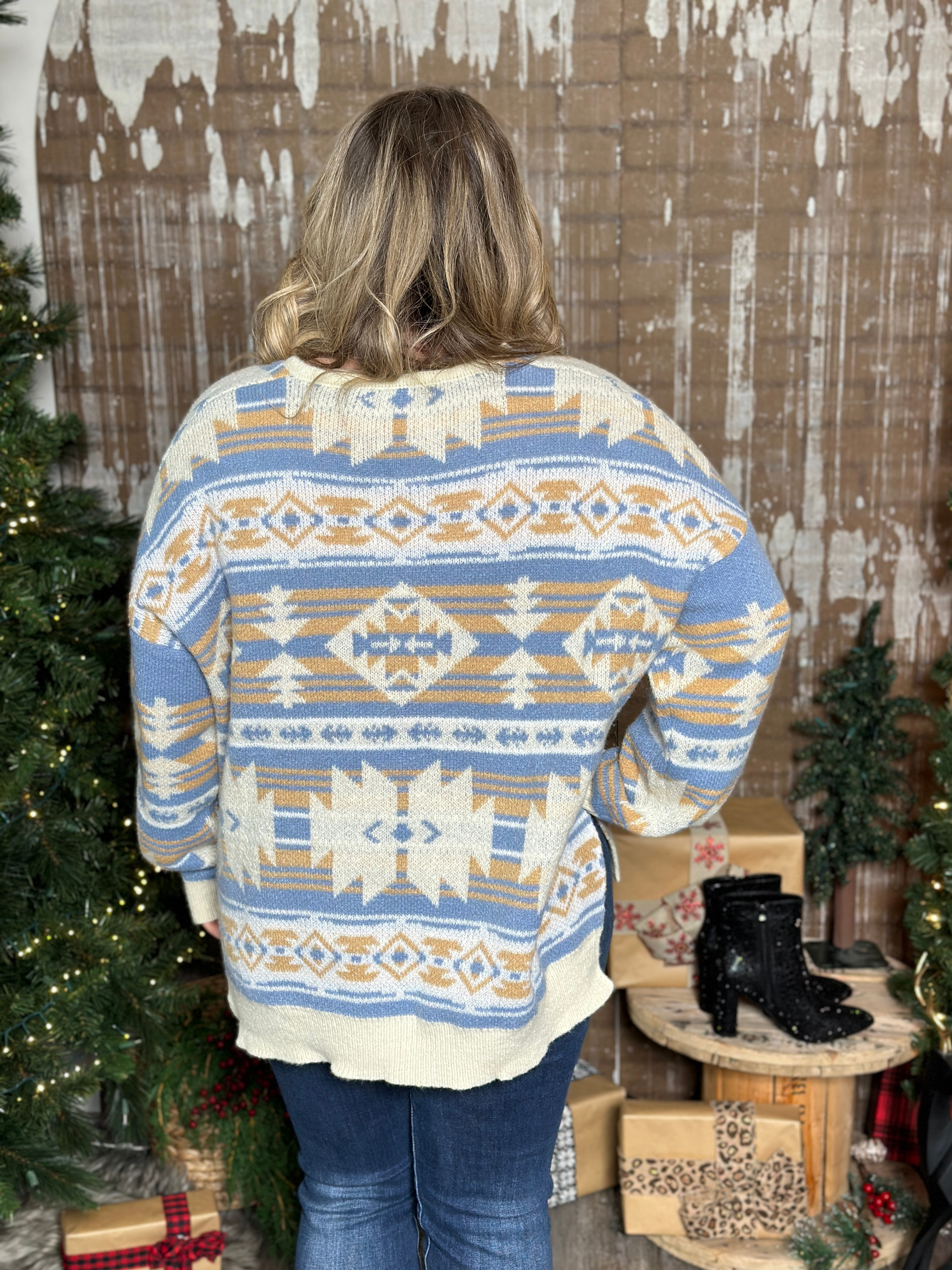 Blue/Camel Aztec Vneck Sweater