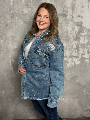 Oversized Rhinestone Darling Denim Jacket