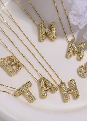 Rhinestone Bubble Letter Necklace - Gold