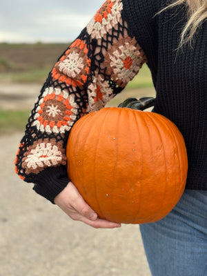 Crochet Sleeve Black Sweater