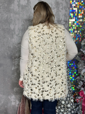 Faux Feather Vest with Sequins - Cream