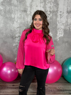 Pink Neck Tie Blouse with Rhinestone Sleeves