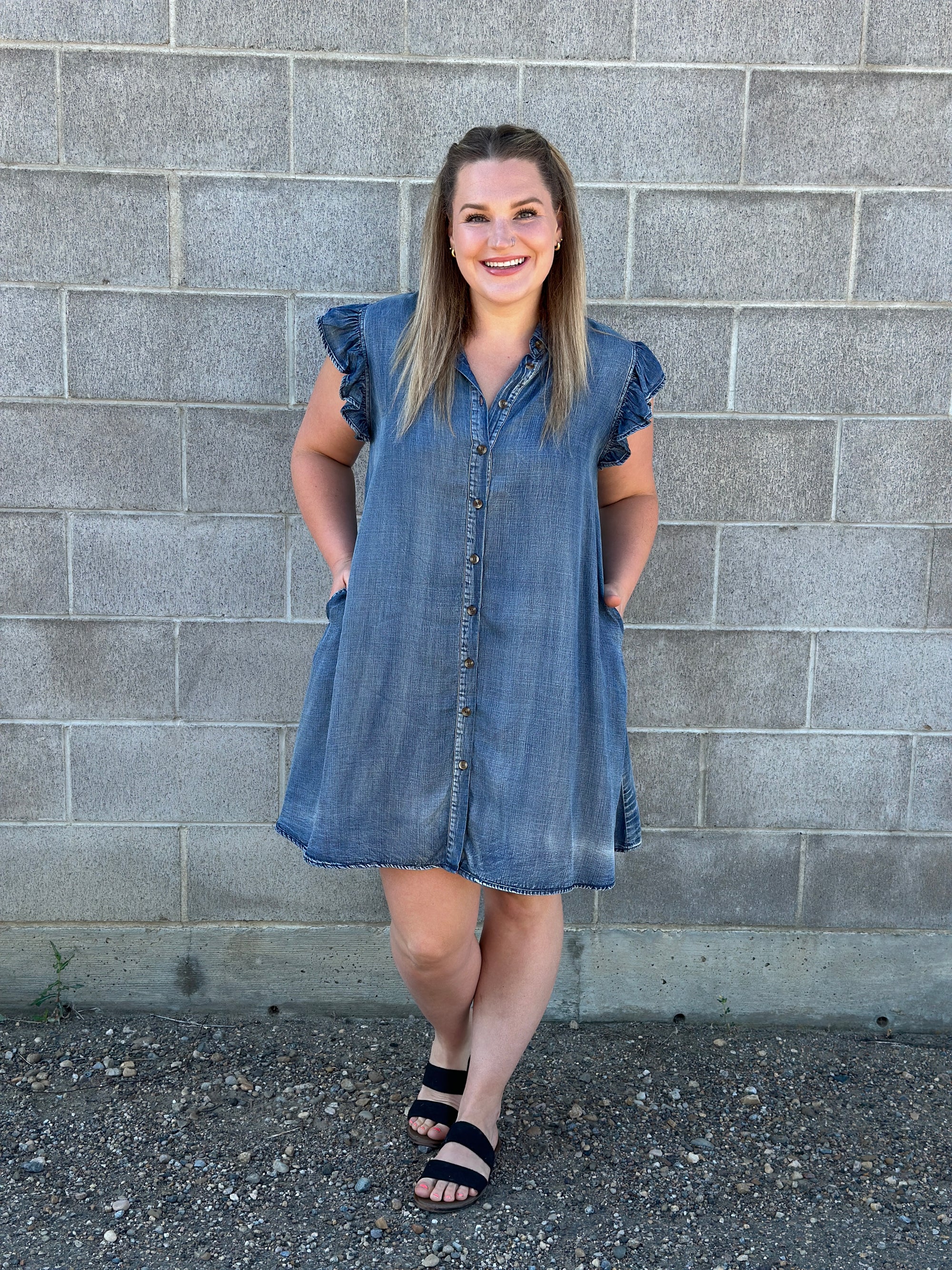 Chambray Ruffle Sleeve Button Up Dress