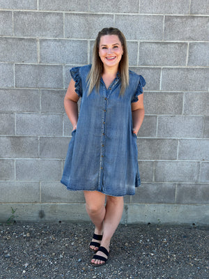 Chambray Ruffle Sleeve Button Up Dress