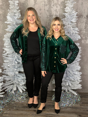 Velvet Sequin Sparkle Pocket Button Up - Evergreen  (FINAL SALE)