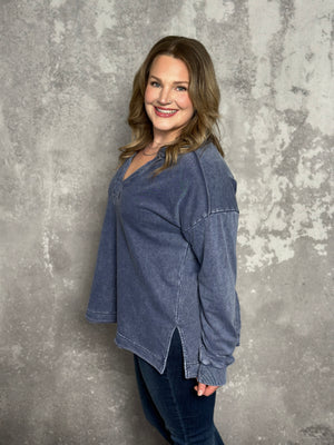 Mineral Wash Denim Blue Vneck Sweatshirt