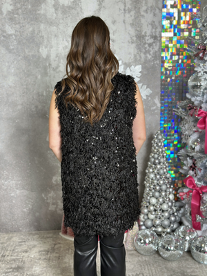 Faux Feather Vest with Sequins - Black