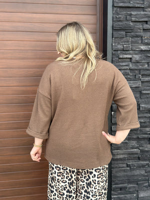 Waffle Button Top - Brown (Small - 3X)