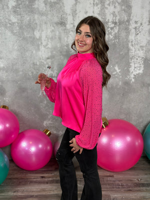 Pink Neck Tie Blouse with Rhinestone Sleeves