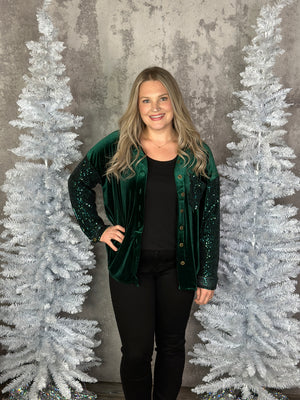 Velvet Sequin Sparkle Pocket Button Up - Evergreen  (FINAL SALE)