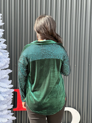 Velvet Sequin Sparkle Pocket Button Up - Evergreen  (FINAL SALE)