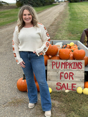 Crochet Sleeve Oatmeal Round Neck Sweater