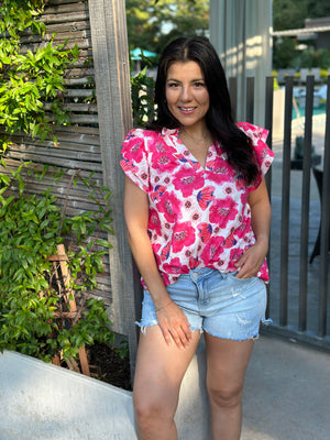 Pink Floral Ruffle Sleeve Top (Small - 3X)