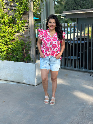 Pink Floral Ruffle Sleeve Top (Small - 3X)