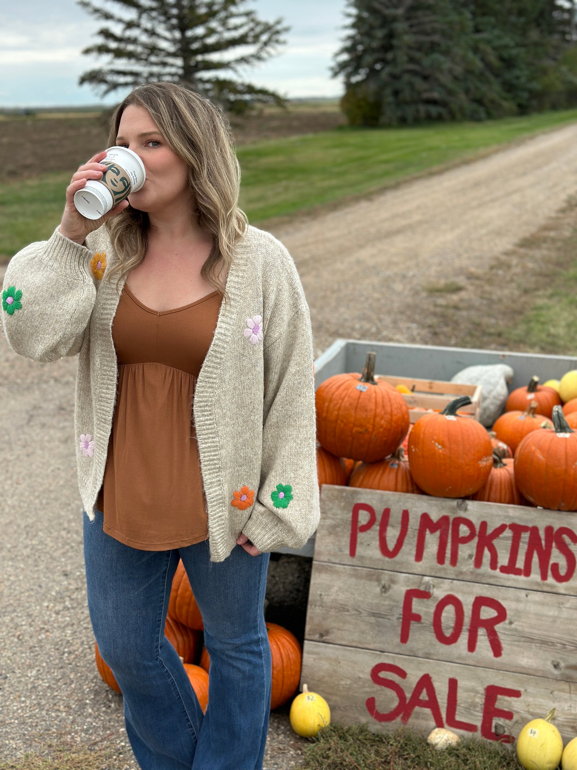 Oatmeal Cardigan with Fall Floral Detail