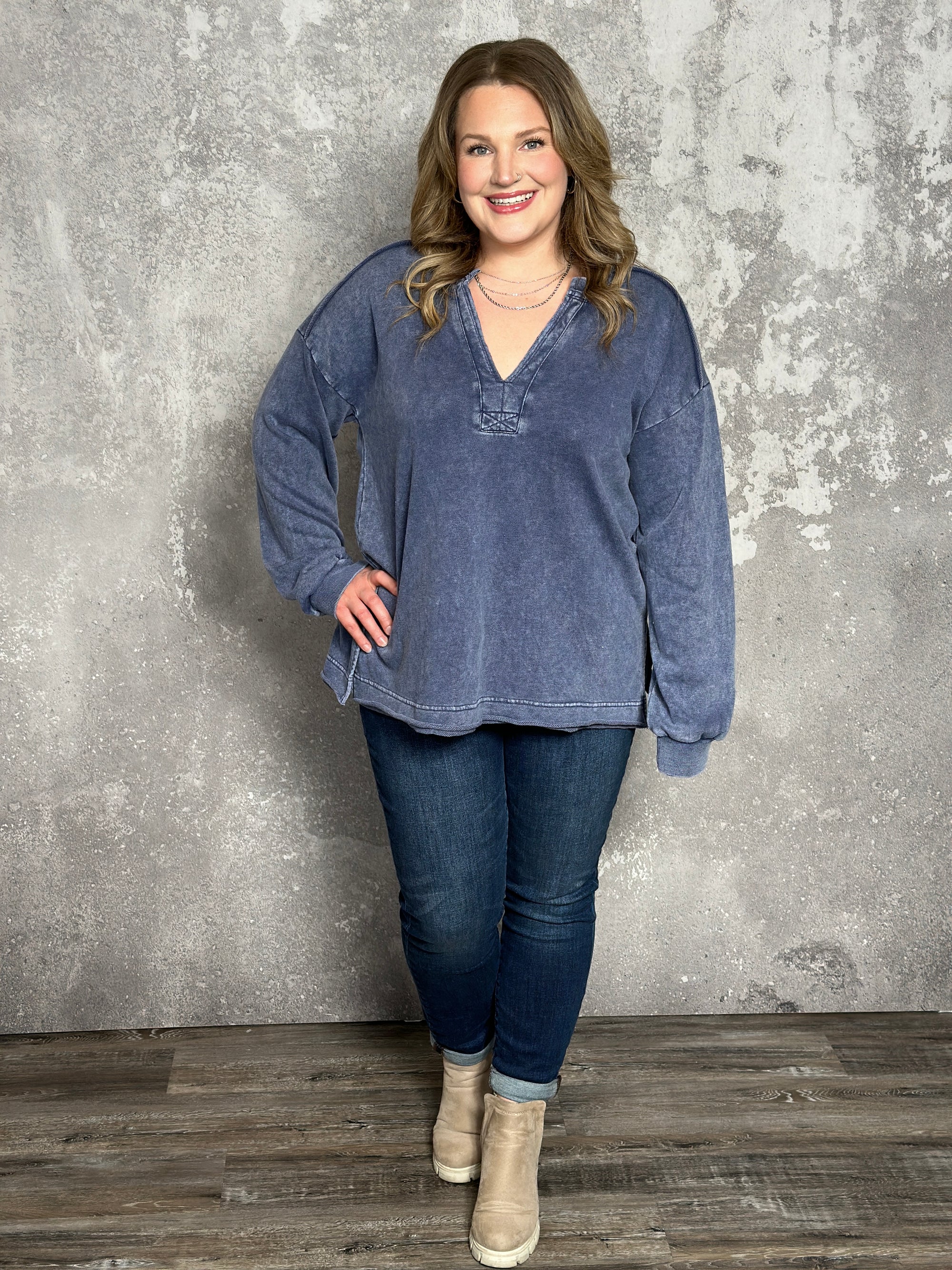 Mineral Wash Denim Blue Vneck Sweatshirt