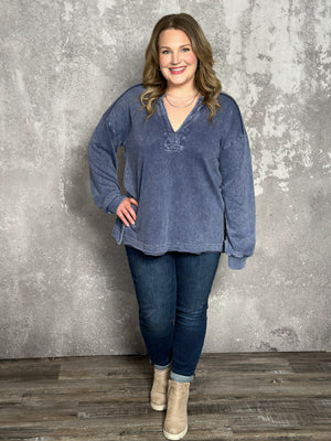 Mineral Wash Denim Blue Vneck Sweatshirt