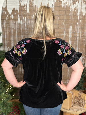 Velvet Top with Embroidered Sleeves - Black