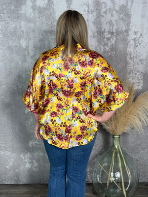 Mustard Burgundy Floral 3/4 Length Top