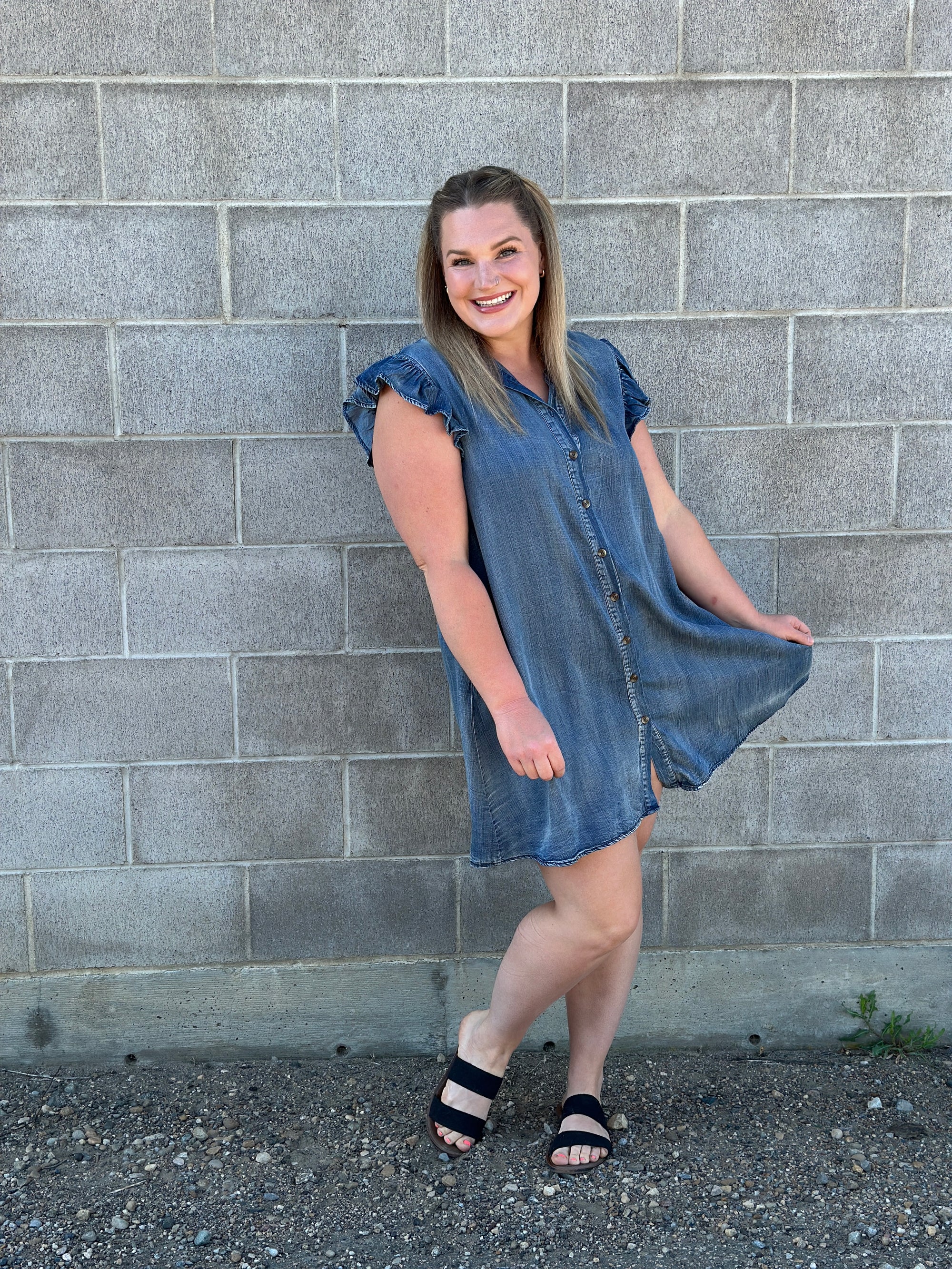 Chambray Ruffle Sleeve Button Up Dress