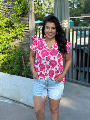 Pink Floral Ruffle Sleeve Top (Small - 3X)