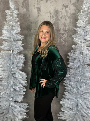 Velvet Sequin Sparkle Pocket Button Up - Evergreen  (FINAL SALE)