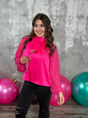 Pink Neck Tie Blouse with Rhinestone Sleeves