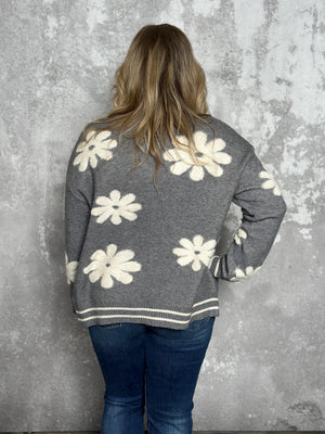 Grey Flower Power Sweater/Cardigan