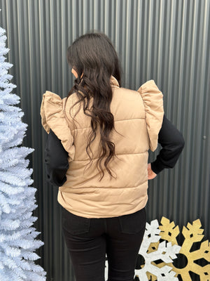 Light Camel Ruffle Sleeve Puffer Vest (Small - 3X) - FINAL SALE