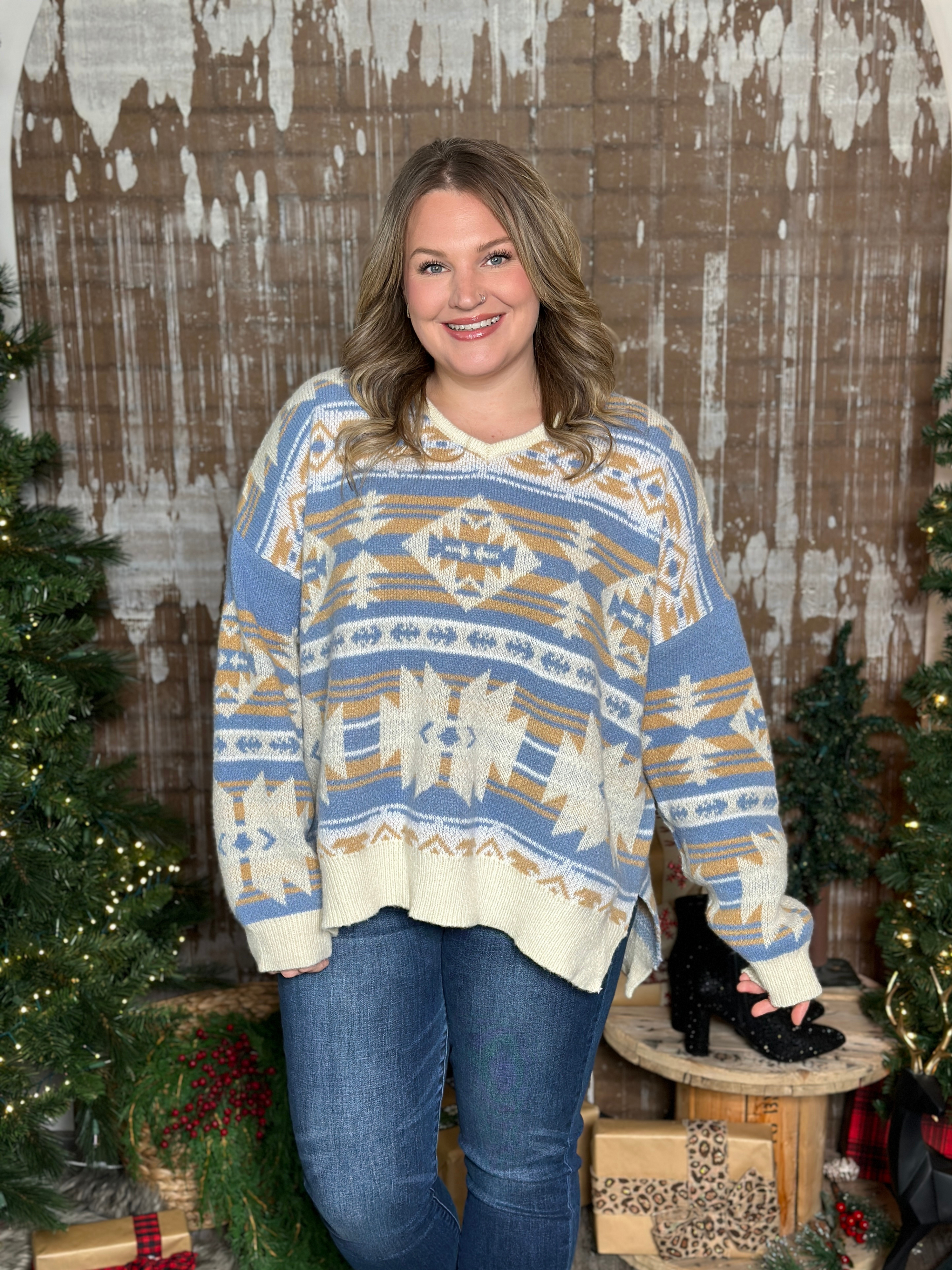 Blue/Camel Aztec Vneck Sweater