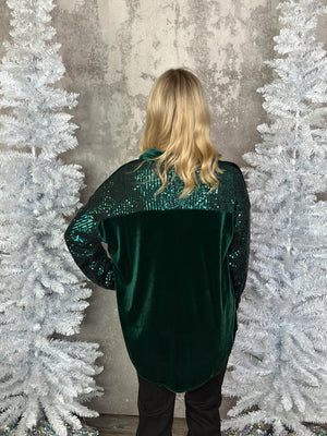 Velvet Sequin Sparkle Pocket Button Up - Evergreen  (FINAL SALE)