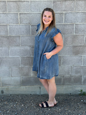 Chambray Ruffle Sleeve Button Up Dress