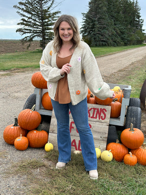 Oatmeal Cardigan with Fall Floral Detail