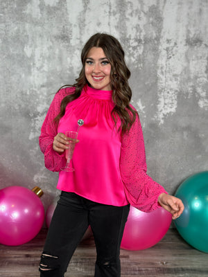 Pink Neck Tie Blouse with Rhinestone Sleeves