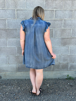 Chambray Ruffle Sleeve Button Up Dress