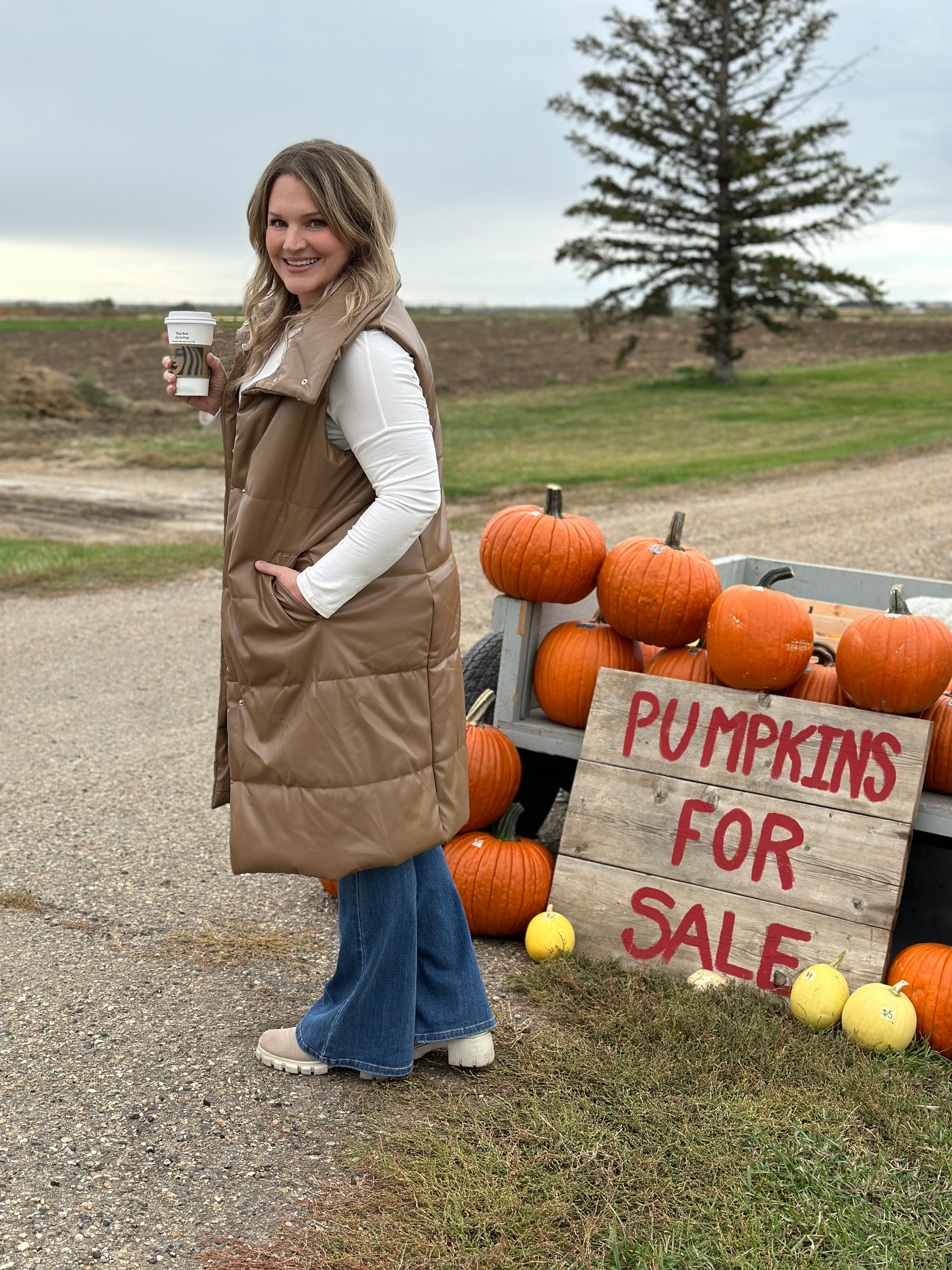 Long Faux Leather Coffee Puffer Vest