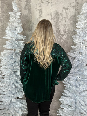 Velvet Sequin Sparkle Pocket Button Up - Evergreen  (FINAL SALE)