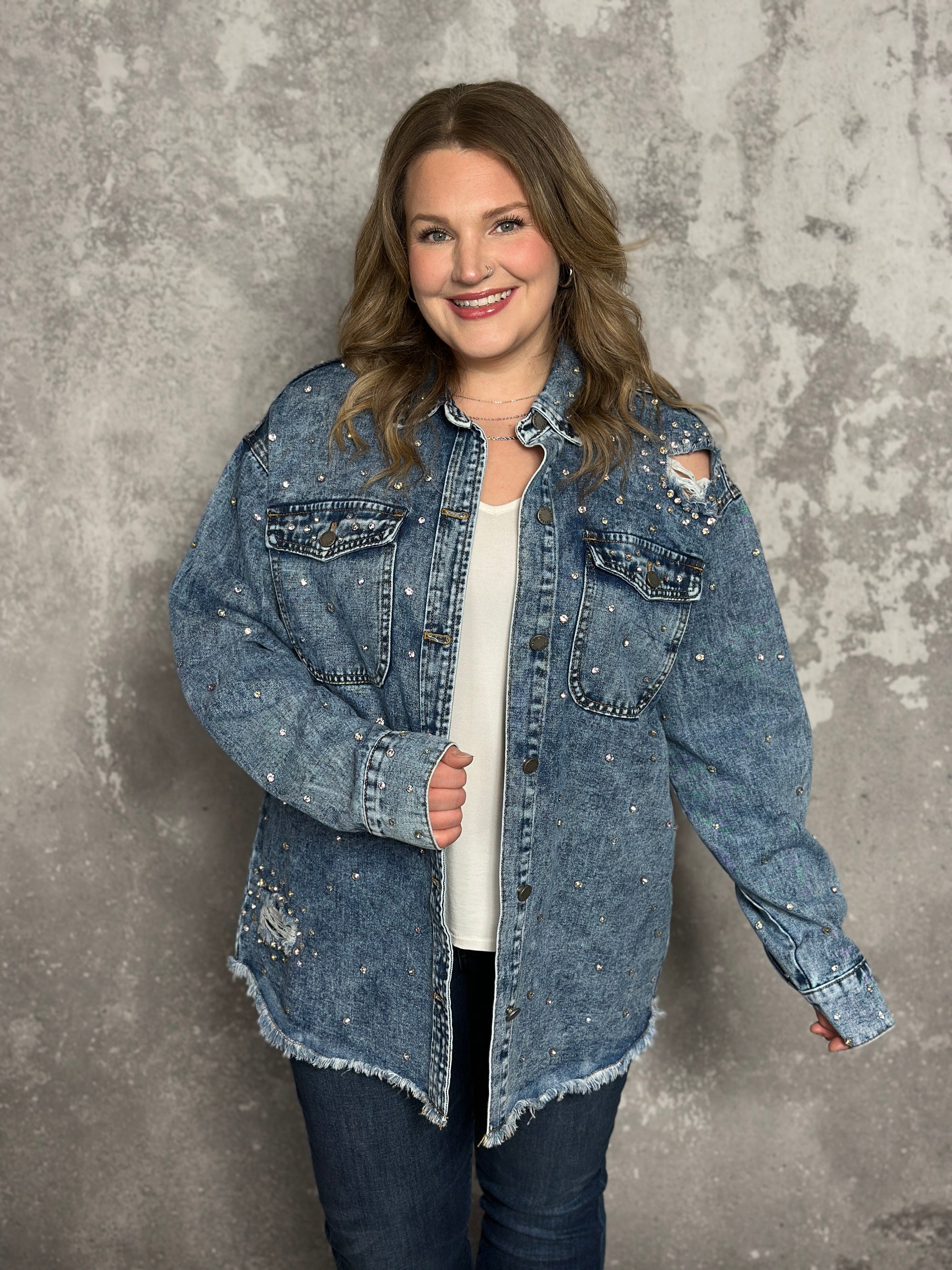 Oversized Rhinestone Darling Denim Jacket