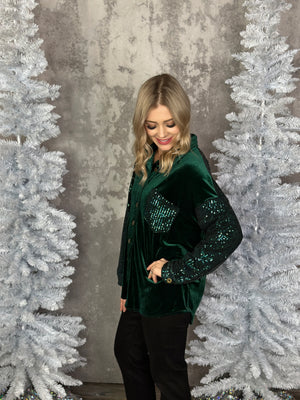 Velvet Sequin Sparkle Pocket Button Up - Evergreen  (FINAL SALE)