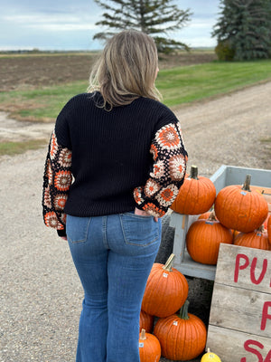 Crochet Sleeve Black Sweater