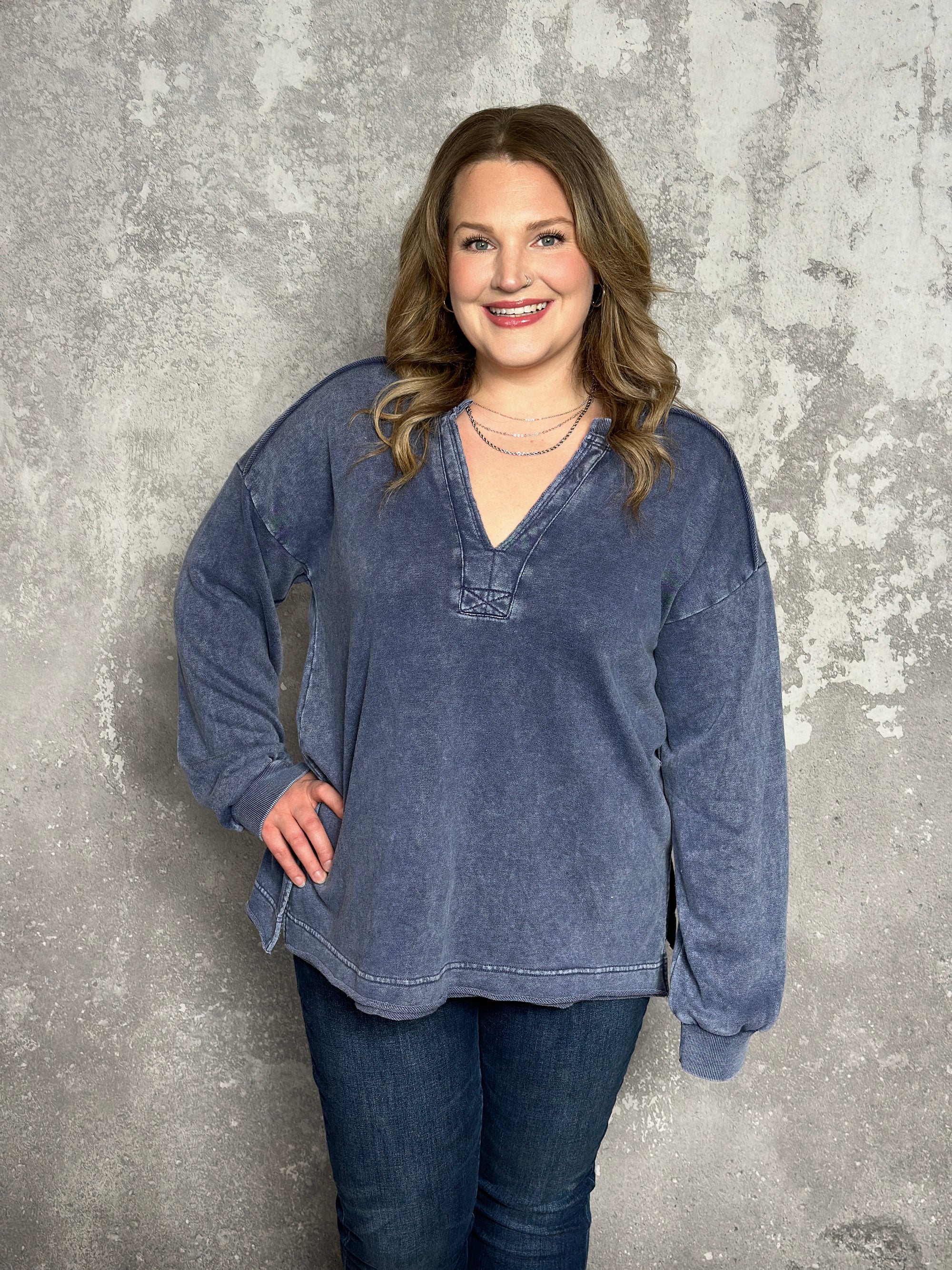 Mineral Wash Denim Blue Vneck Sweatshirt