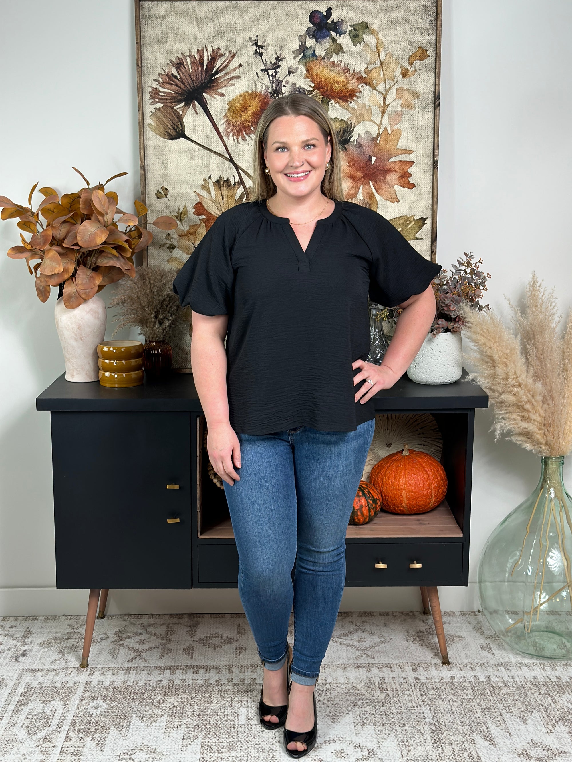 Black Vneck Top with Puff Sleeve