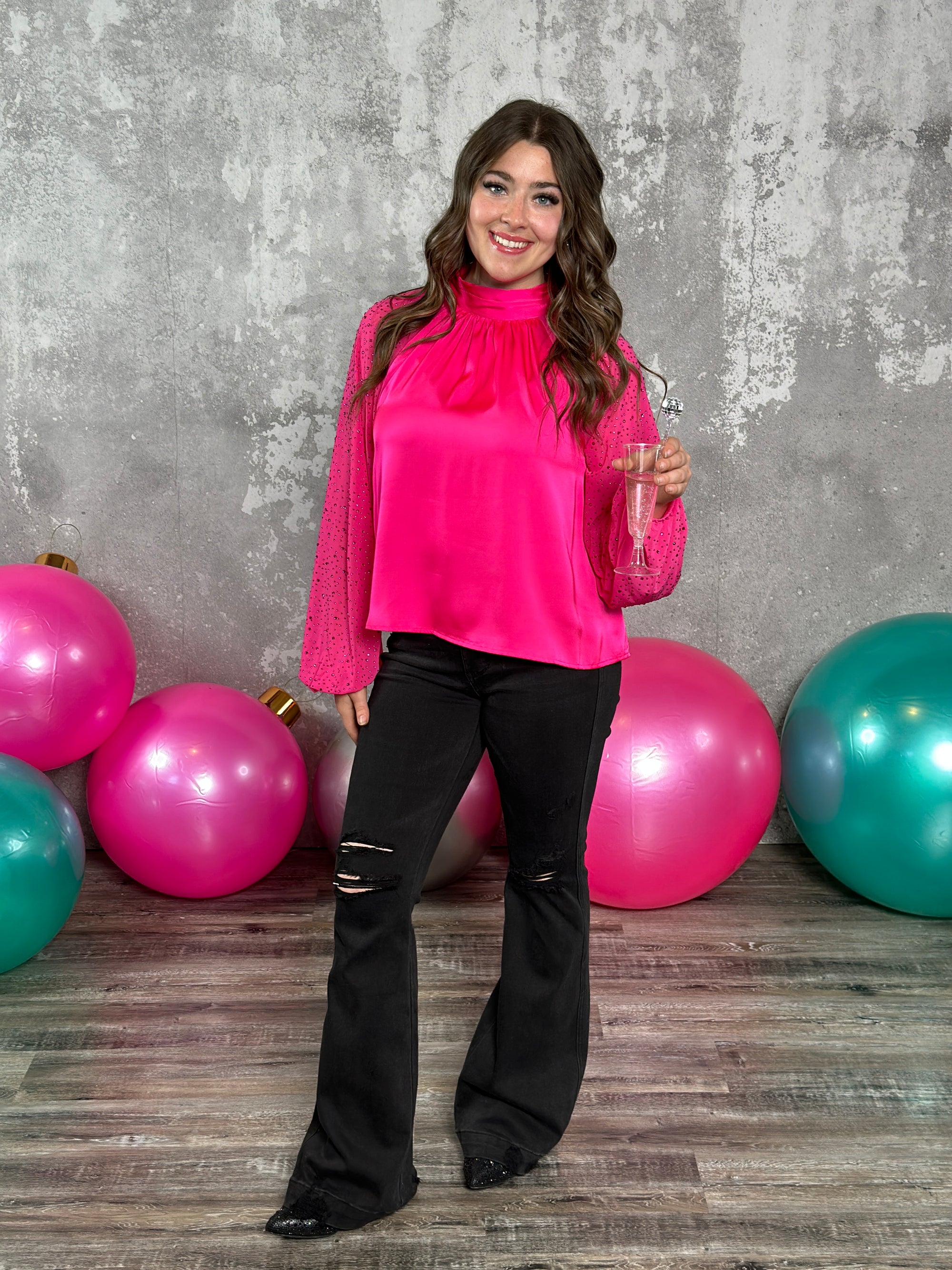 Pink Neck Tie Blouse with Rhinestone Sleeves