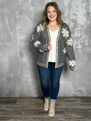 Grey Flower Power Sweater/Cardigan