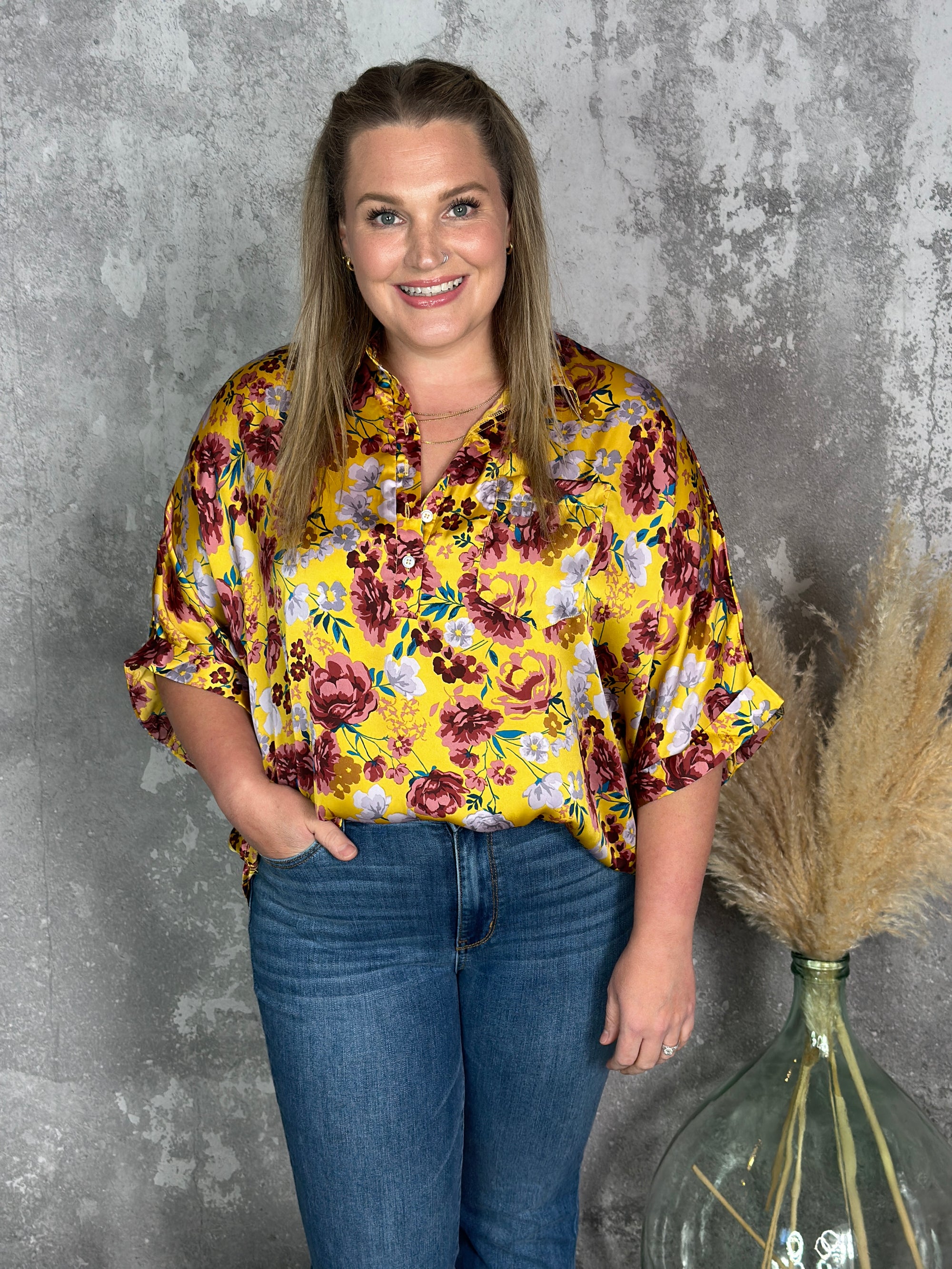 Mustard Burgundy Floral 3/4 Length Top